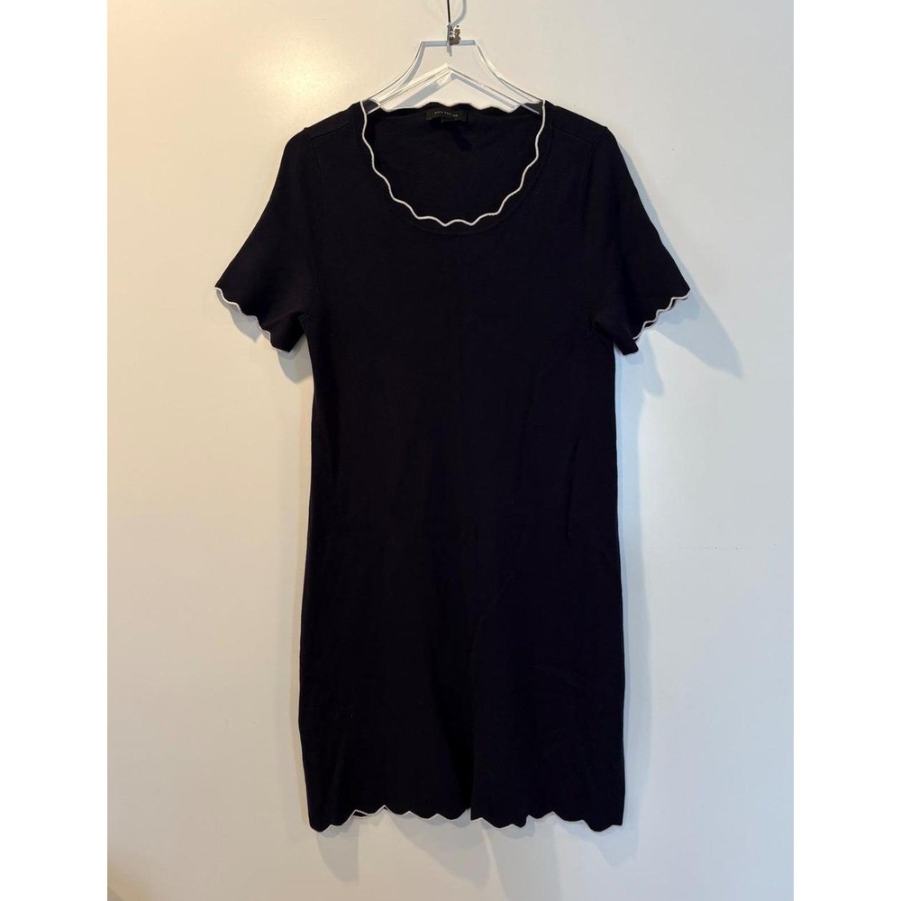 Ann Taylor Navy Blue Scalloped Sweater Dress White Trim‎ Womens Size Large